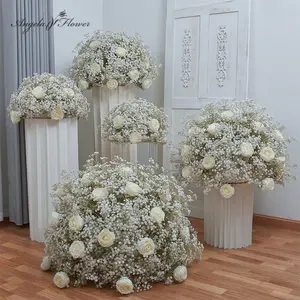 Angela Flower S-A7913 4pcs 40cm White Rose Baby Breath Artificial Flower Ball for Weddings and Events - Decoration Bouquet Decorative