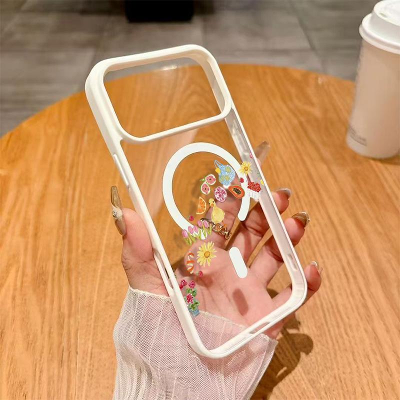 Adorable Duck Surrounded By Colorful Fruits Phone Case Featuring A Soft Tpu Back With Built-In Strong Magnet Ring, Blending Smooth Macaron Texture With Secure Magsafe Compatibility For iPhone 17 16 15 14 13 12 11 X XS