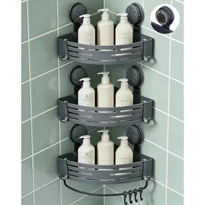 Plastic Corner Shower Caddy with Twist-Lock Suction Cups & a Pre-Applied Adhesive Layer, The No-Drill Shower Organizer with Towel Bar & Drain Holes for Bathroom Storage & Decor（Grey）