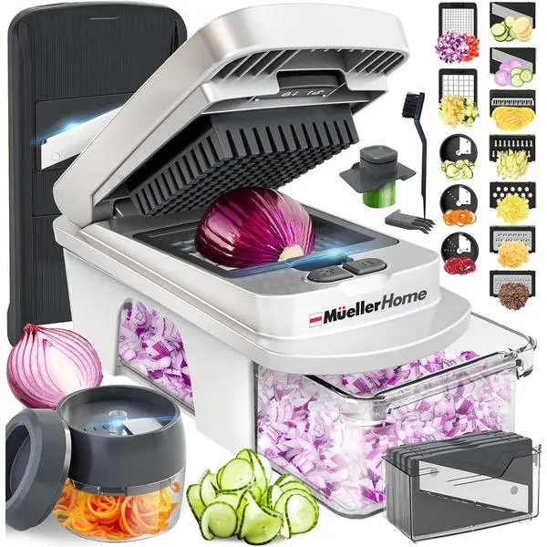 Mueller Pro-Series 12-Blade All-in-1 Mandoline Slicer for Kitchen - Spiralizer, Food Chopper, Vegetable Cutter, Dicer, Grater Kitchen Gadget with Container, White Sand/Gray