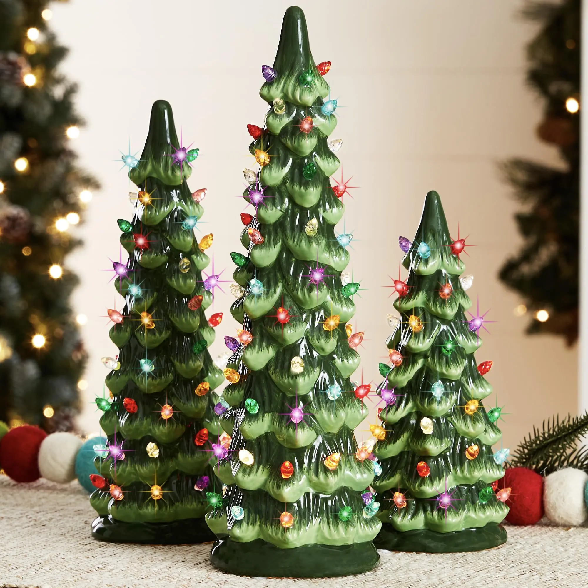3 Pack Ceramic Christmas Trees, Pre-Lit Hand-Painted Tabletop Holiday Decoration w/Multicolor Bulbs, LED Lights