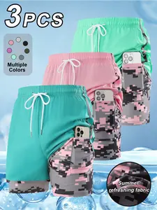 3-Pack Women's Sporty Shorts, Dual-Layer Lining, Pockets, Stretchy, Ideal for Gym & Marathon Training, Summer Workout, Couples' Style