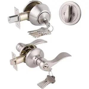 Keyed Alike Front Door Exterior Door Lever Lockset with Single Cylinder Deadbolt Combination Set, Door Knob with Lock and Deadbolt, Satin Nickel Finished, 1Pack