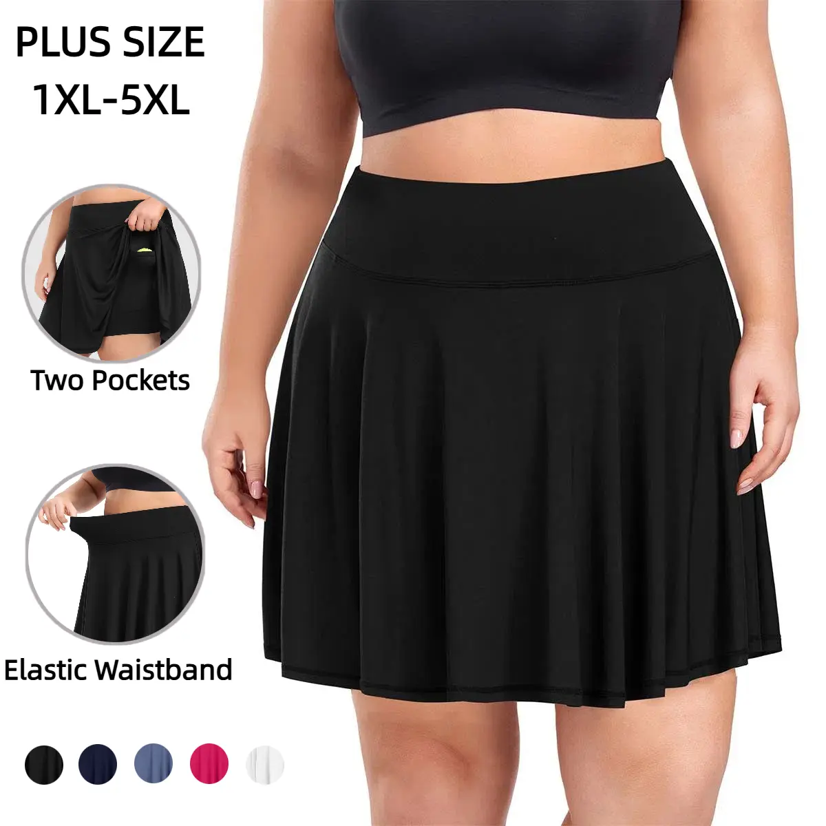 COOTRY Women's Plus Size Pleated Athletic Skort with Pockets, High Waisted Tummy Control Tennis Skirt with Stretch Fabric, Casual Sporty Skorts, Elastic Waist Skort