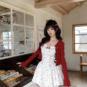 A complete set of summer and autumn wear women's lace-edged floral vest dress, cherry red cardigan top, waist skirt Casual Womenswear