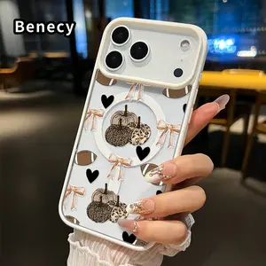 Magnetic Soft Case for iPhone 17 Pro Max 17 Air Non-Yellowing Drop Protection Transparent Acrylic Retro Bow Pattern Shockproof Silicone Cover Supports Wireless Charging