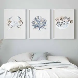 Coastal Wall Art Seaweed Crab Puffer Fish Minimalist Wall Decor Beige Blue Home Decor Contemporary Beach House Art Set of 3 Sea Life Poster (PRODUCT DOES NOT INCLUDE FRAME)