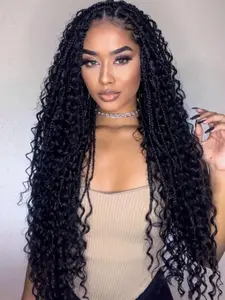 32 Inch Long Deep Wave Bohemian Box Braids Wigs for Women, Gorgeous Fluffy Wigs without Bangs, Synthetic Braided Lace Wigs for Party, Daily Use, Boho Box Braids