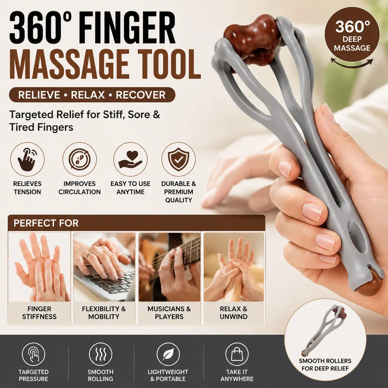 Dual-Sided Therapy Tool: Combines two unique texturePortableBian Stone Finger & Hand Massager - Dual-Sided Roller forArthritis, Carpal Tunnel, Circulation & Stress Relief Body Care