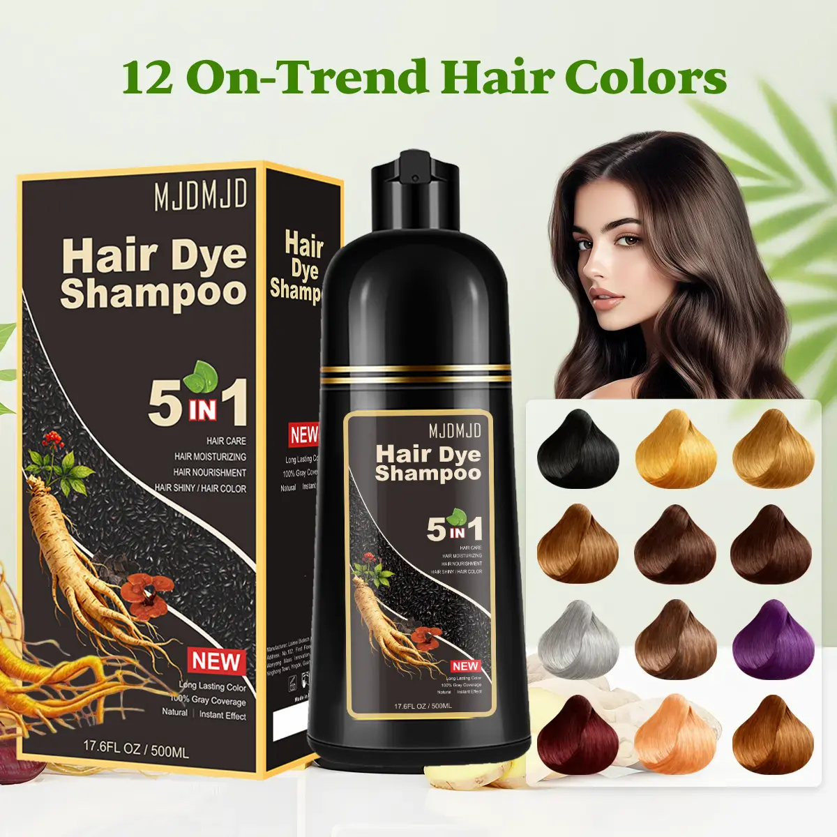 MJDMJD Hair Dye Shampoo 5-in-1, Instant Hair & Beard Color for Gray Coverage, 2 Free Hair Masks, Herbal Formula with Natural Ingredients, Long-Lasting Color in Minutes, Easy to Use Champu Para Canas for Women & Men, Root Touch-Up, Haircare, 500ml