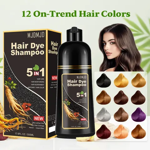 MJDMJD Hair Dye Shampoo 5-in-1, Instant Hair & Beard Color for Gray Coverage, 2 Free Hair Masks, Herbal Formula with Natural Ingredients, Long-Lasting Color in Minutes, Easy to Use Champu Para Canas for Women & Men, Root Touch-Up, Haircare, 500ml, No Blea