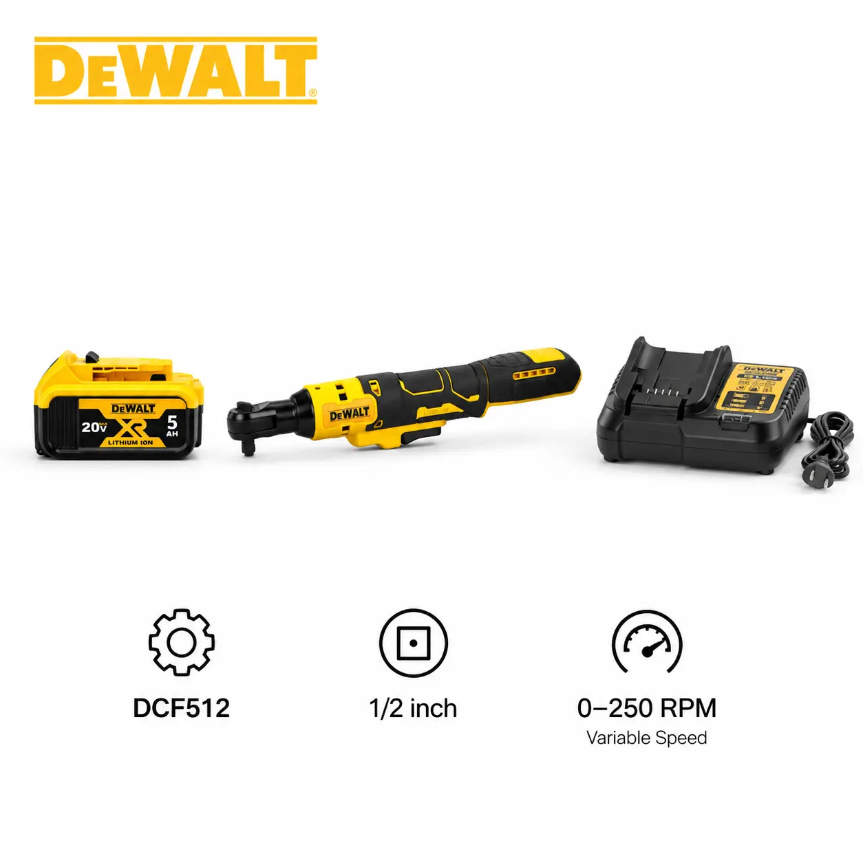 DEWALT DCF512 20V MAX Brushless Cordless Ratchet Wrench (1/2-Inch Drive, 250 RPM, 70 Ft-Lbs Max Torque) for Mechanic Automotive Repair, Tight Spaces, Tools for Mechanics (Batteries Sold Separately, Variable Speed, LED Light, Ball Detent)