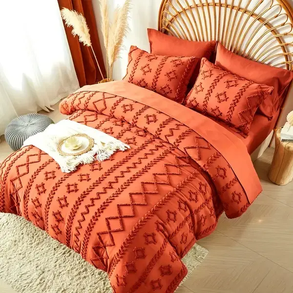 7pcs Tufted Boho Comforter Set , Soft Microfiber, Lightweight, Farmhouse Shabby Chic Bedding Set With 100% Polyester Fiber Fill - Queen/King Size Bed In A Bag For All Seasons