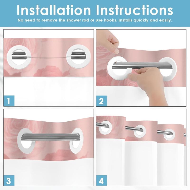 1pc hookless shower curtain with buckle lining, spring pink rose vine design, 2D flat printing, fabric waterproof lining, see-through double-layer shower curtain, 71 x 74 inches, modern home draping curtain, Shower Curtain Liner