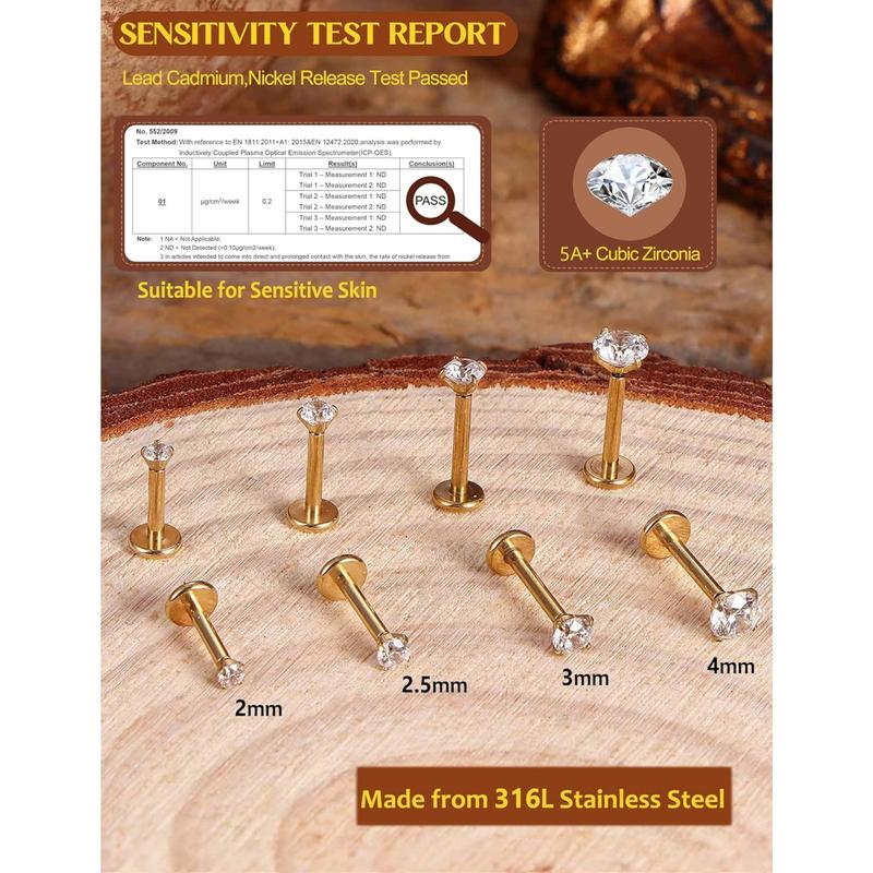 14K Gold Plated Flat Back Stud Earrings - 316L Surgical Steel Internal Thread CZ Stud Piercing Jewelry for Tragus Helix Cartilage Conch Nose Hypoallergenic Lip Monroe Labret Medusa Piercing 16G 18G