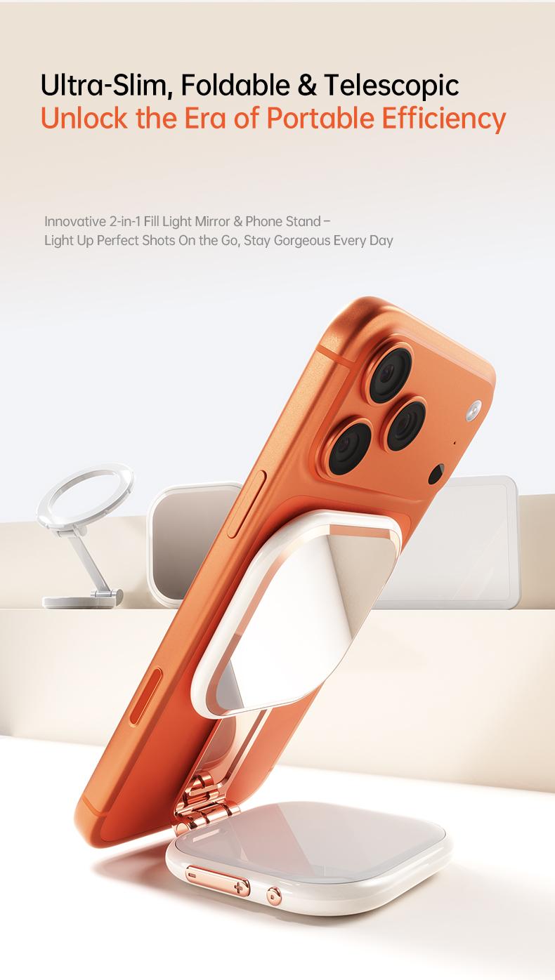 Professional Magnetic Fill Light Mirror, 49 LEDs, Front/Rear 360° Fill, 3 CCT (Warm/Natural/White), Vert/Horiz Stand, Long Battery, Portable Selfie Mirror w/ Universal Joint for Makeup, Vlog, Food Photo