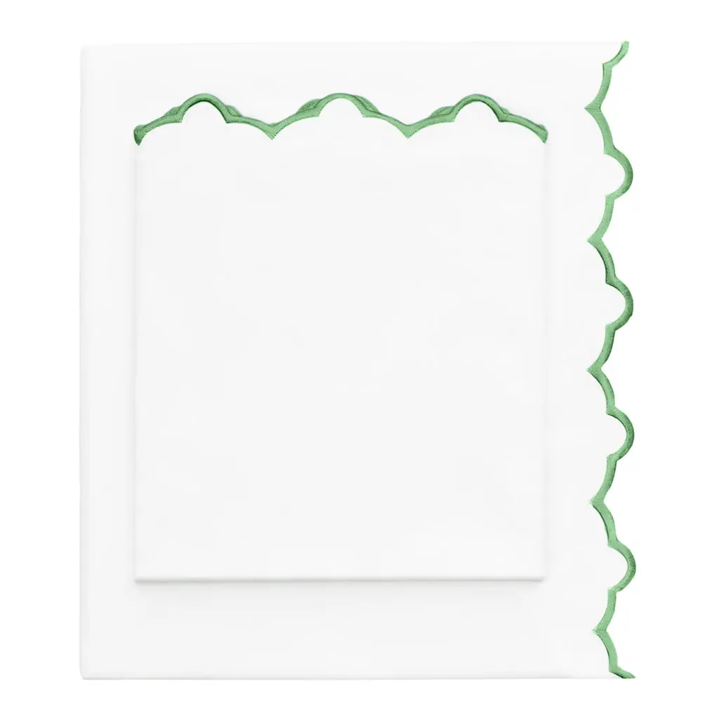 Palm Green Scalloped Embroidered Sheet Set (Fitted, Flat, & Pillow Cases)
