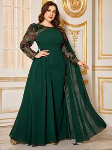 Elegant Plus Size Round Neck Luxury Beaded Embroidered Patchwork Long Dress, Split Back Tailored Evening Party Gown, Formal Occasion Wear