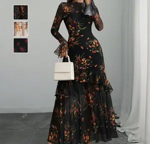 Elegant Pulse121 Floral Print A Line Dress Flared Sleeves Round Neck Machine Washable for Office Party Everyday Wear