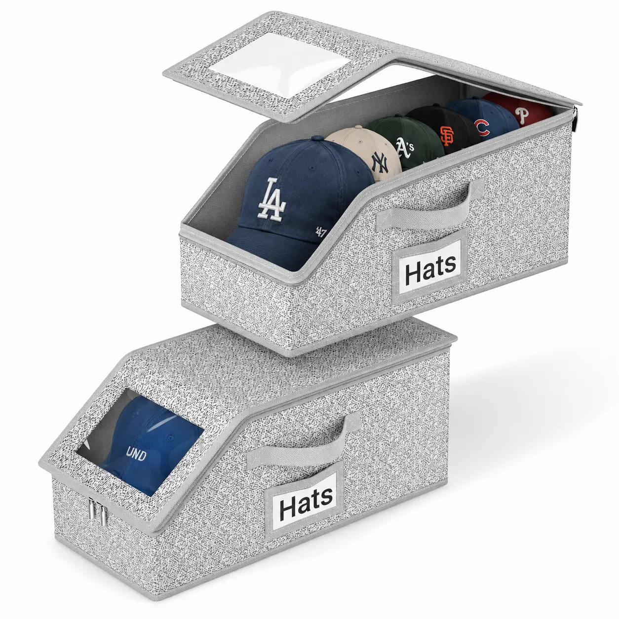 24-Cap Hat Storage Box | Stackable, Foldable & Dustproof Organizer with Clear Window | Large-Capacity Storage Bin for Baseball Caps, Closet & Bedroom