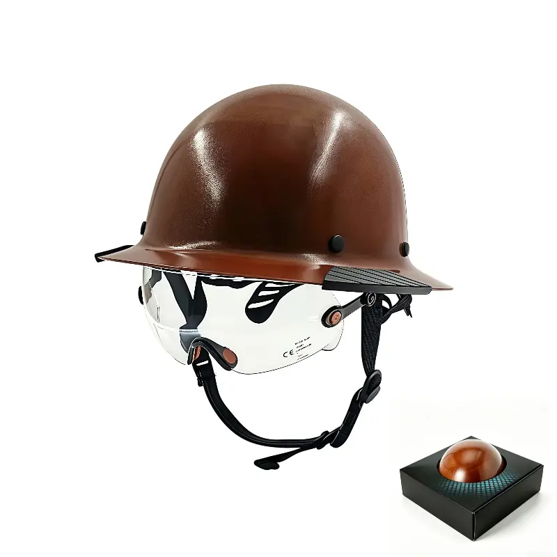 LOEBUCK Gloss Brown Glass Fiber Wide Brim Safety Hard Hat with Built-In Goggles, Lightweight Industrial Construction Gear, Safety Equipment for Outdoor Work & Engineering