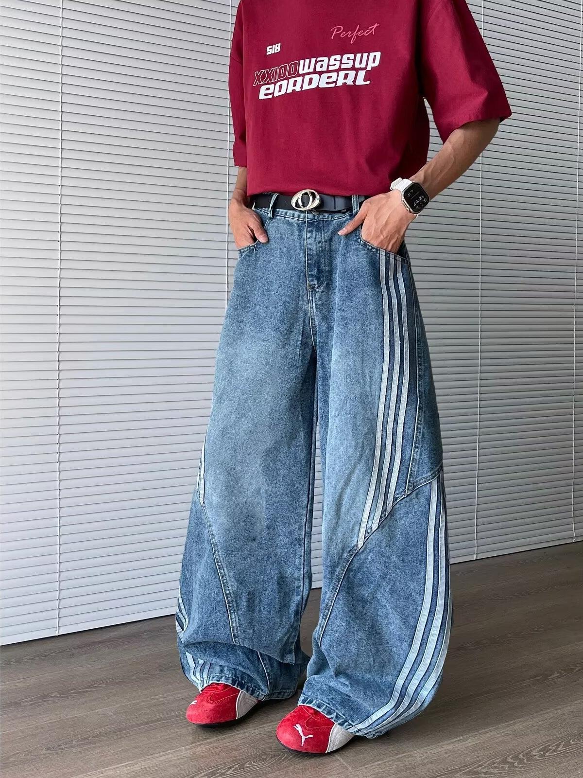 Men'S Side Stripe Curved Scimitar Jeans, Summer American Retro Loose Casual Washed Deconstructed Distressed Wide Leg Pants