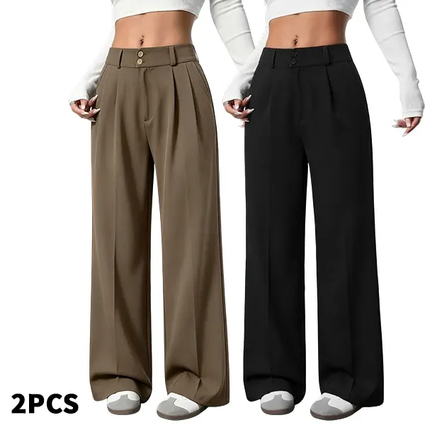 Two-pack high-waisted wide-leg suit pants with double buttons, available in four colors; straight-cut long trousers with a fluid drape that flatters the figure—women’s suit pants for commuting, with interchangeable multi-color options.