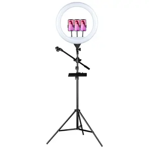18-inch RGB Tri-Color Ring Light for Live Streaming Adjustable Color Atmosphere Phone Selfie Fill Light with 2.1-meter Stand & Sound Card Tray