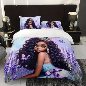 3-piece lavender girls' flower printed bedding set, easy to care for, machine washable, soft and comfortable, breathable and durable, suitable for family dormitory use, including 1 duvet cover and 2 pillowcases (unfilled)