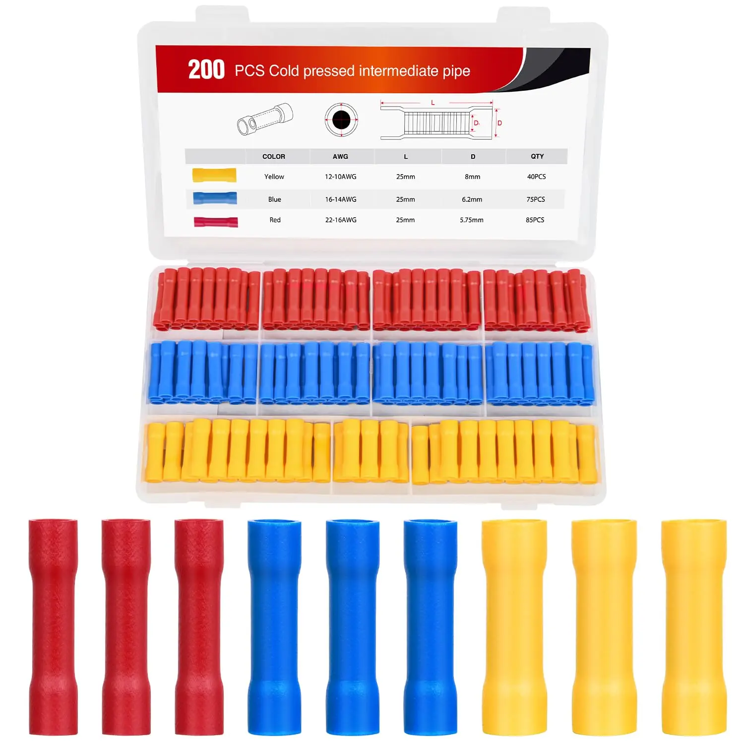Nilight 200PCS Electrical Butt Connectors AWG 22-10 Insulated Electrical Wire Crimp Connectors Butt Splice Crimp Connectors Blue Red Yellow for Automotive Marine Electrical Wiring summervibes