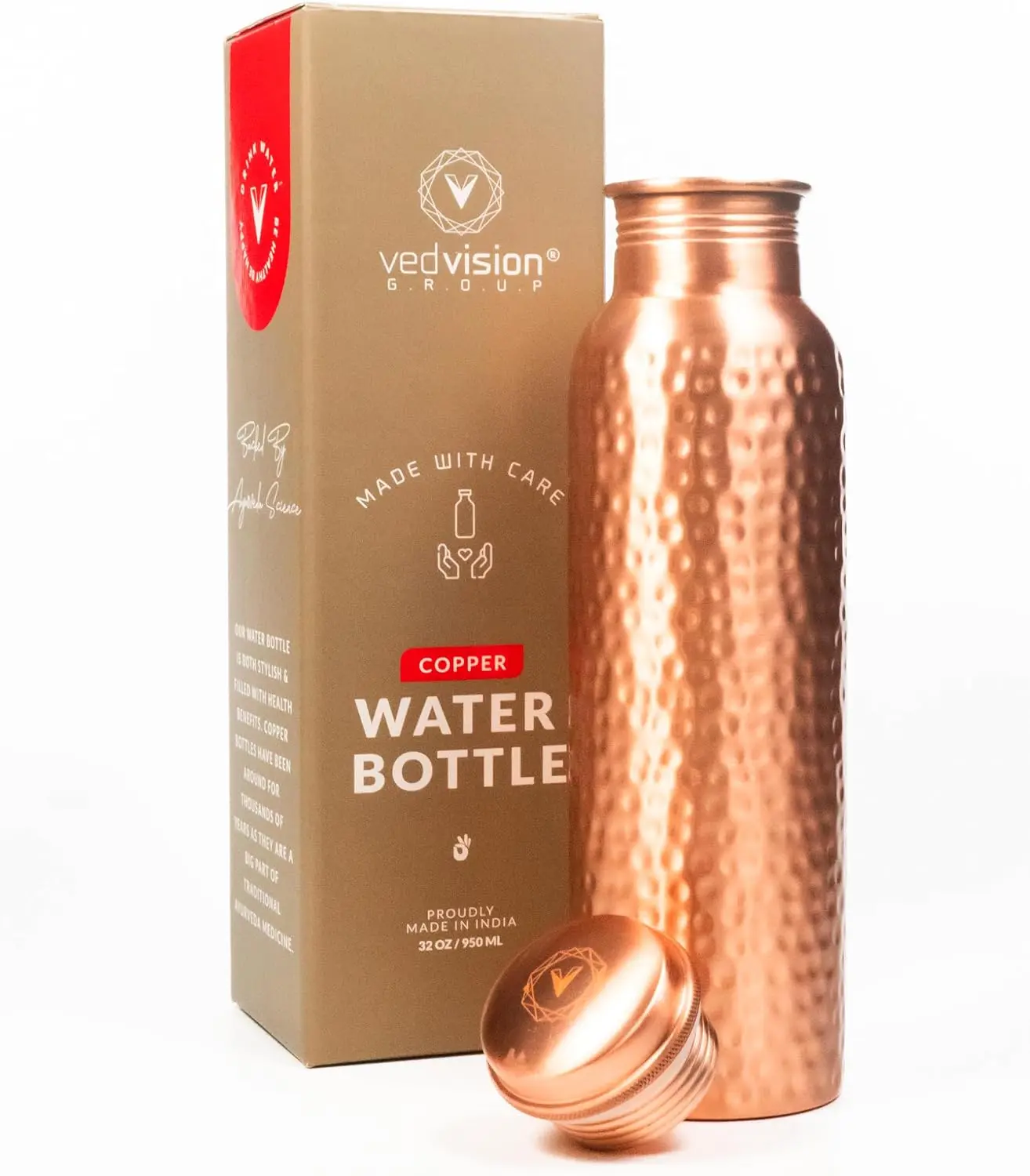 Copper Water Bottle - 34 Oz Pure Copper Water Bottle for Drinking Hammered Finish Design - Leak-Proof, Travel-Friendly, Wide Mouth