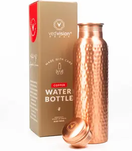Copper Water Bottle - 34 Oz Pure Copper Water Bottle for Drinking Hammered Finish Design - Leak-Proof, Travel-Friendly, Wide Mouth