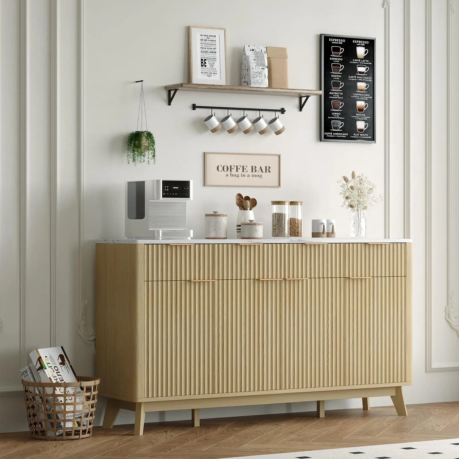GARVEE 60 In Large Fluted Buffet Sideboard Cabinet with Drawers, Modern Farmhouse Storage Unit with Adjustable Shelves & Doors, Wood Coffee Bar Station for Dining Room Kitchen Console