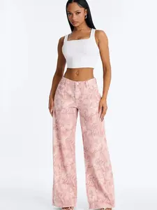 Learn To Love Printed Wide Leg Jeans - Pink