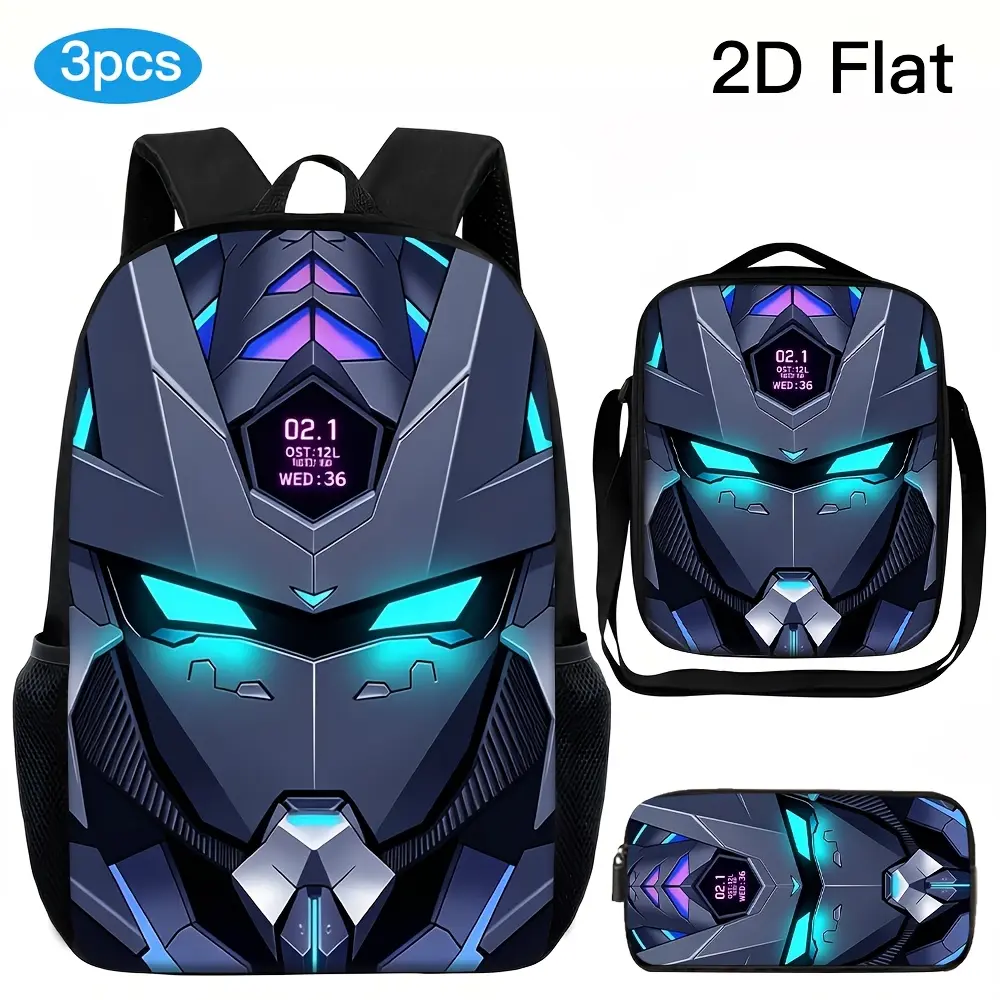 Futuristic Mecha Robot 3-Piece Backpack Set, LED Eyes Print School Bag + Lunch Bag + Pencil Case, Oxford Cloth Adjustable Strap Daypack for Kids & Teens