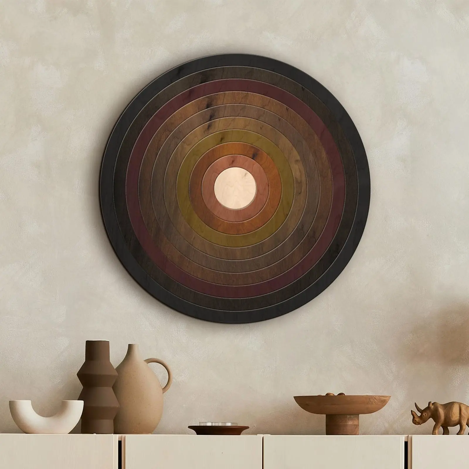Boho Wood Sun Wall Art Round Artistic Circle Modern Geometric Design Sunset Wall Decor Geometric Wooden Sign Layered Concentric Circle Plaque Abstract Minimalist Mid Century Modern Desert Theme Room Decoration Housewarming Gift