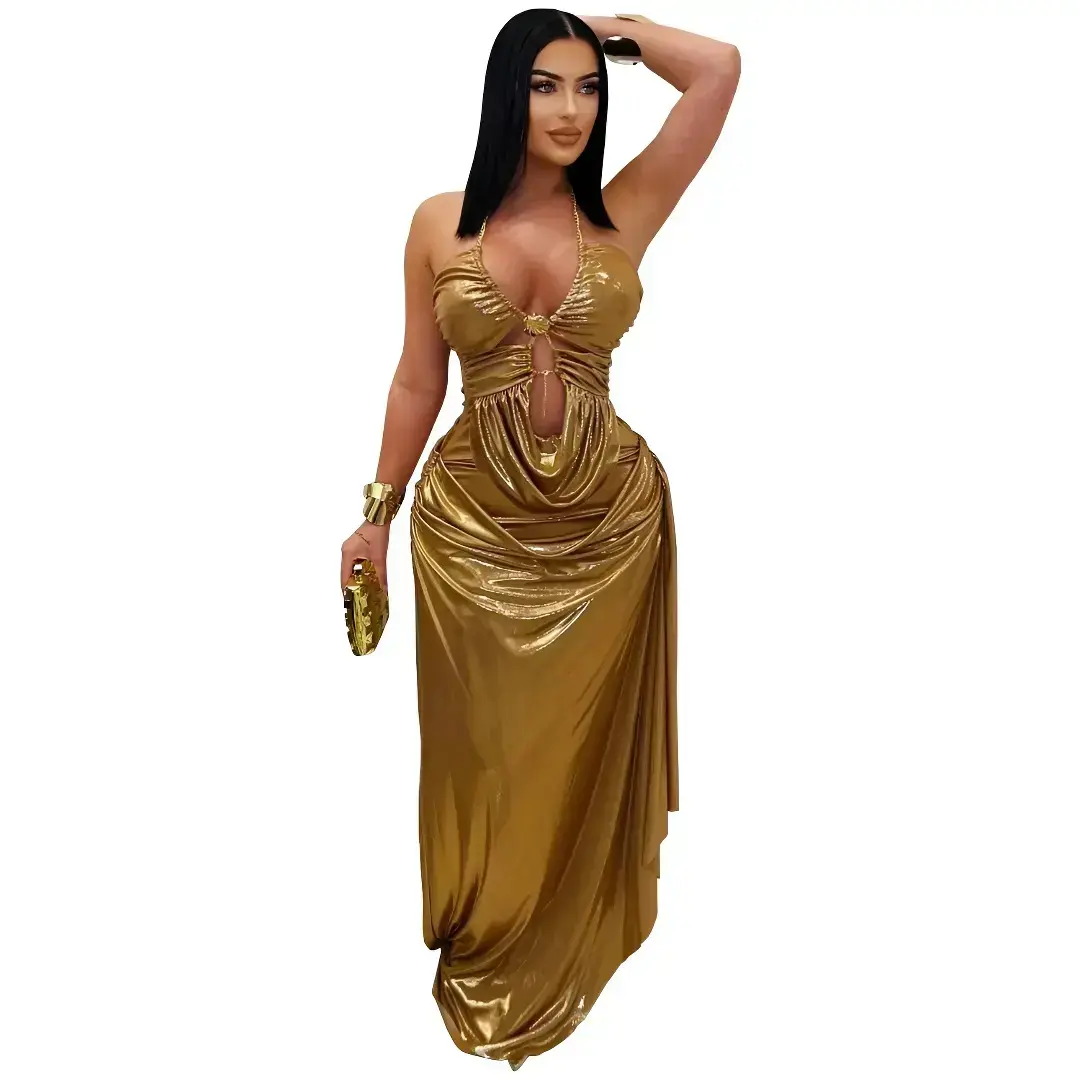 Fashion Women's Sexy Halter Neck Gold Chain Ruched Bodycon Dress - TikTok Shop Fashion Women's Sexy Halter Neck Gold Chain Ruched Bodycon Dress - TikTok Shop
