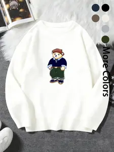 Autumn and winter new men's retro bear embroidery crew neck sweater, fashionable and versatile, multi-color optional, trend casual warm knitted sweater, comfortable design, suitable for daily wear and stacking, unisex, Casual Chic Knitwear