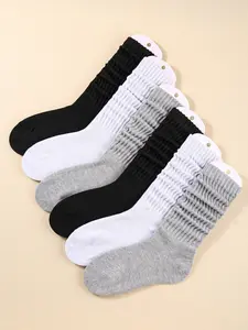 Women's 6 Pairs Solid Slouch Crew Socks, Casual Comfortable Breathable Mid Calf Socks for Daily Wear Multipack Knit Hosiery for All Seasons Casual Stylish Socks