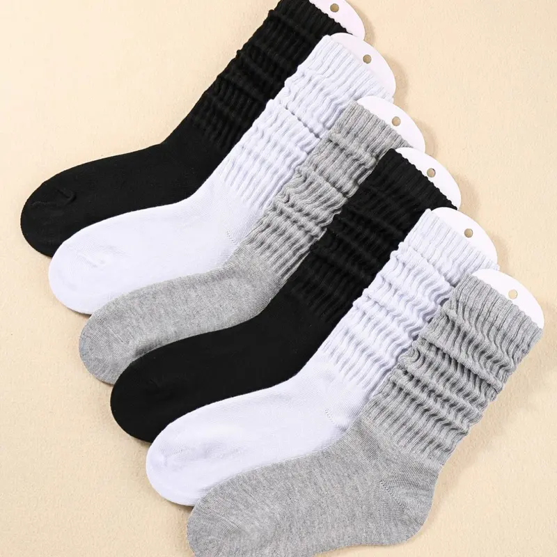 Women's 6 Pairs Solid Slouch Crew Socks, Casual Comfortable Breathable Mid Calf Socks for Daily Wear Multipack Knit Hosiery for All Seasons Casual Stylish Socks Sock Packs Casual Comfy Socks