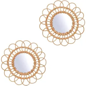 OYPEIP 2 Pack 11" Rattan Innovative Art Decoration Round Makeup Mirror Dressing Bedroom Bathroom Wall Hanging Mirrors Craft Photo Props-