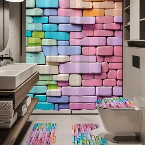 1/4pc colorful stone wall pattern bathroom set,The 4-piece set includes a single shower curtain, anti slip floor mat, toilet U-shaped mat, toilet lid mat, with shower curtain hook, and belongs to bathroom decoration products