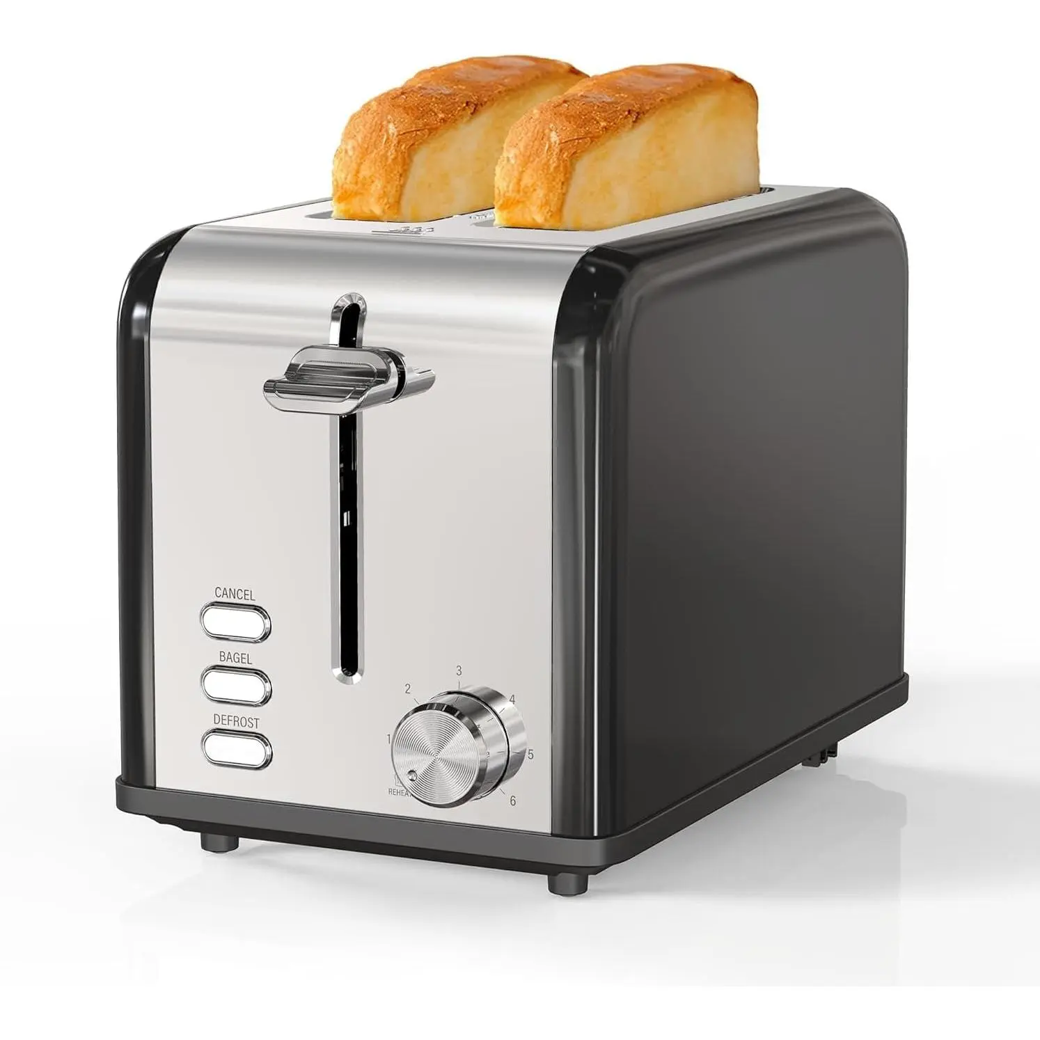 Black Stainless Steel 2-Slice Toaster, Kitchen Appliance with 6 Adjustable Browning Settings, Stable & Even Heating, 3 Practical Functions, Extra-Wide Slots, Space-Saving Compact Size, Durable Structure for Bread/Waffle, Ideal for Snack Preparation, Sleek