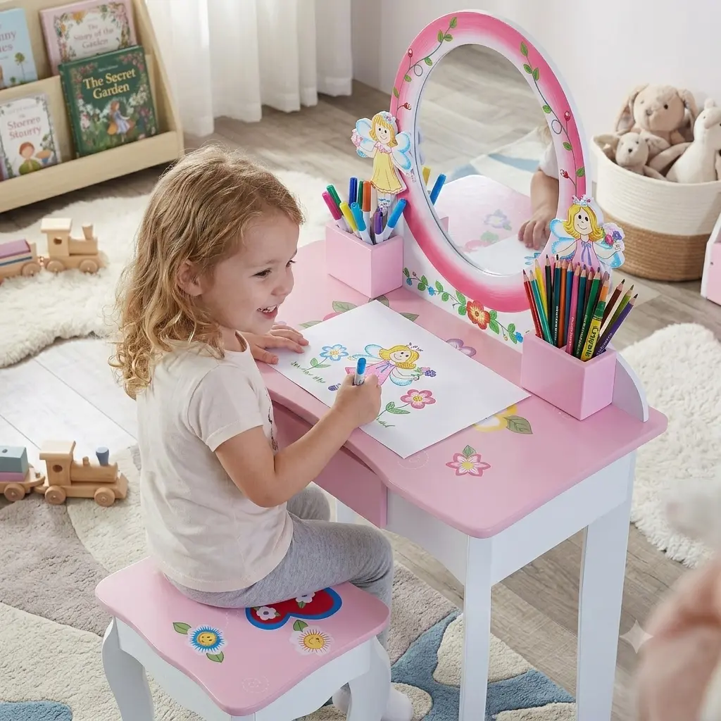 Kids Vanity Set with Mirror - Child-Safe Acrylic, Engineered Wood, Matching Stool, Removable Top, Drawer, Princess Theme, Requires Assembly, Toddler Girl’s Birthday & Christmas Gift Furniture Set