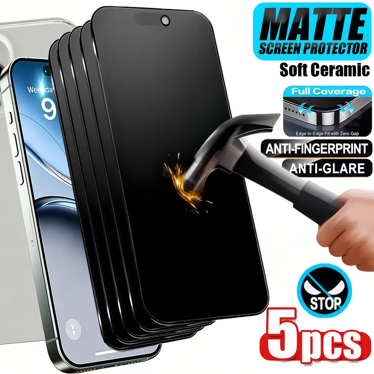 5pcs Ceramic, Tempered Frosted Anti-Peep Privacy Screen Protector, Suitable for iPhone 17 Pro Max/17 Pro/17 Air/16 Pro Max/16 Pro/15 Pro Max/15 Pro/15/14 Pro Max/14 Plus/13 Pro Max - Anti-Fingerprint, Easy to Apply, Protection