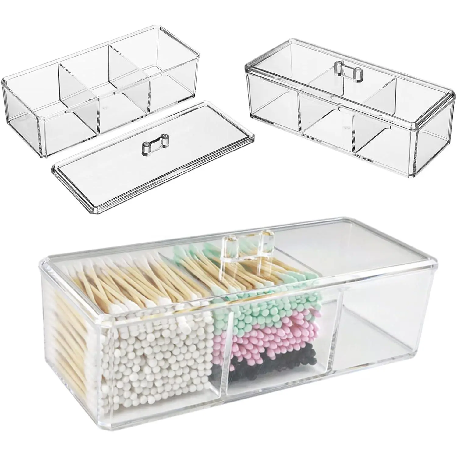 Clear Cotton Ball and Swab Holder 3 Divided Compartments with Lid, ,  Bathroom Organizers Small Plastic Storage Containers, Vanity Makeup Organization (A)