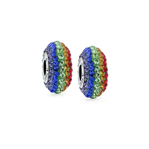 Sterling Silver Colorful Crystal LGBTQ Rights Symbol Rainbow Spacer Charm Bead for Bracelet (Set)