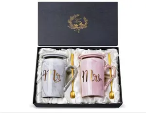 Biching Wedding Gifts for Couples 2025, Couple Gift for Anniversary - 14oz Ceramic Marble Mr and Mrs Mugs Set, Present for Bridal Shower Engagement Bride and Groom, with Greeting Card, Luxury Gift Box