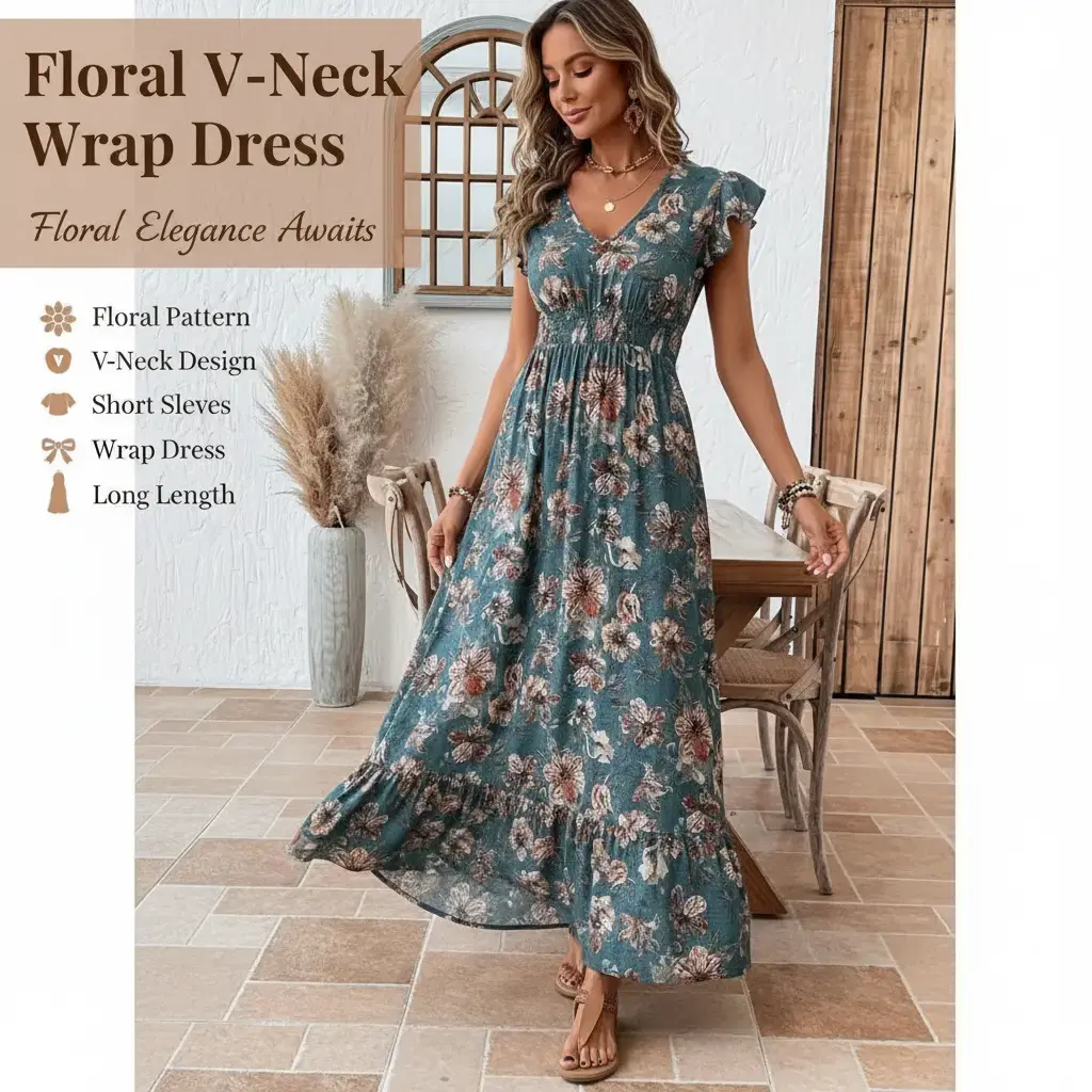Women's Floral V-Neck Short Sleeve Polyester Wrap Dress - Spring/Summer European-American Trend Casual Long Length Women's Clothes for Vacation, Leisure