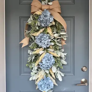 Blue Hydrangea Water Drop Door Decor, Hanging Wreath, Spring Summer Fake Door Hanger, Handmade All-Season Wreath, Home Wedding Party Decoration